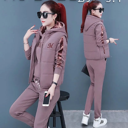 Casual Autumn Winter Thickened Hooded Waistcoat Pants 3 Three Piece Sets