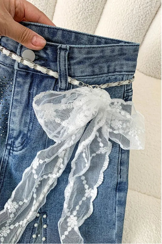 Baggy Jeans Flare Lace Applique Crystal Wide Leg Pearl Slit Pants
