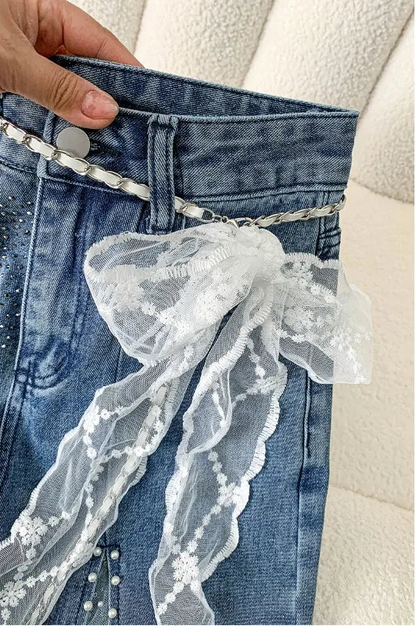 Baggy Jeans Flare Lace Applique Crystal Wide Leg Pearl Slit Pants