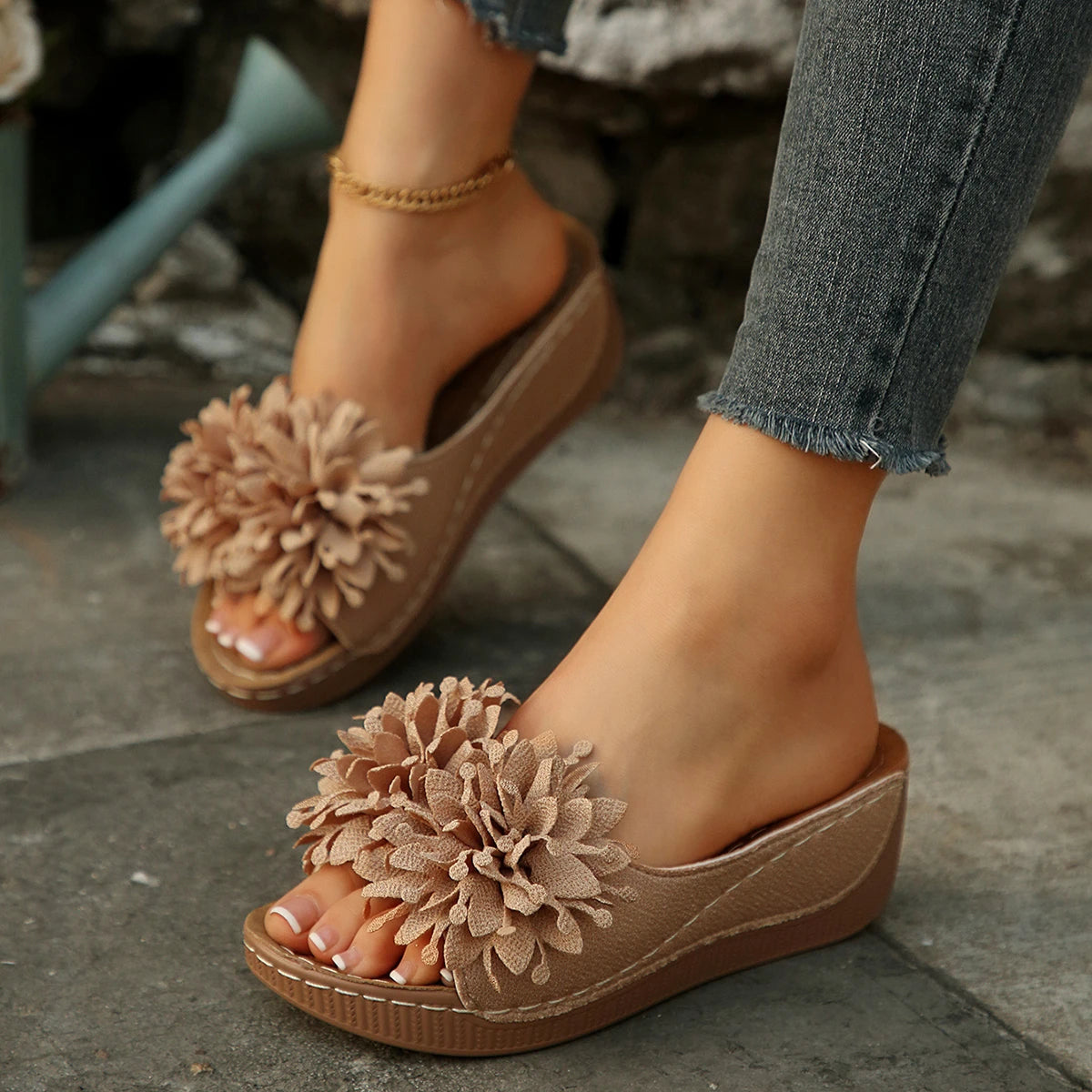 Flower Decoration Wedge Open Toe Slip Sole Sandals