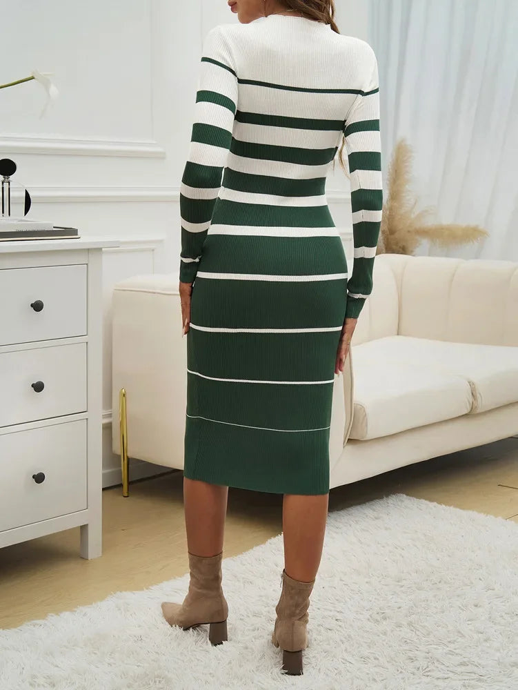 Elegant Striped Print Slim Long-sleeved Dress