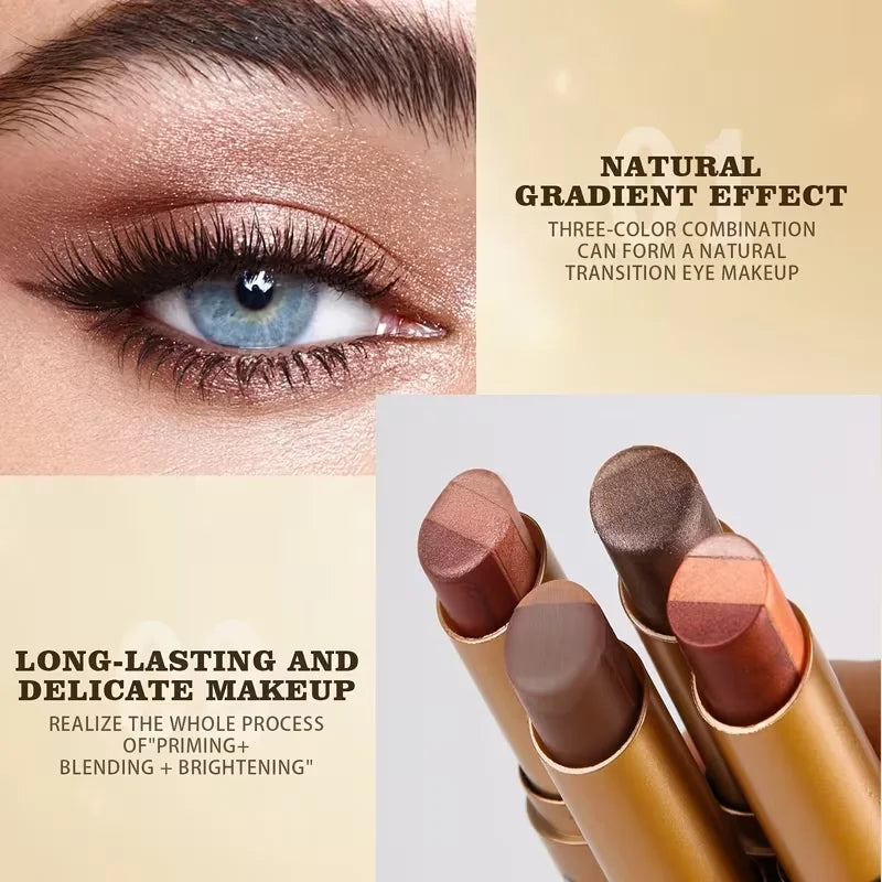 Three-Color Eyeshadow Stick Shimmering Highlighter Eyeshadow Stick Waterproof and Long-Lasting Pearlescent Metallic Eyeshadow