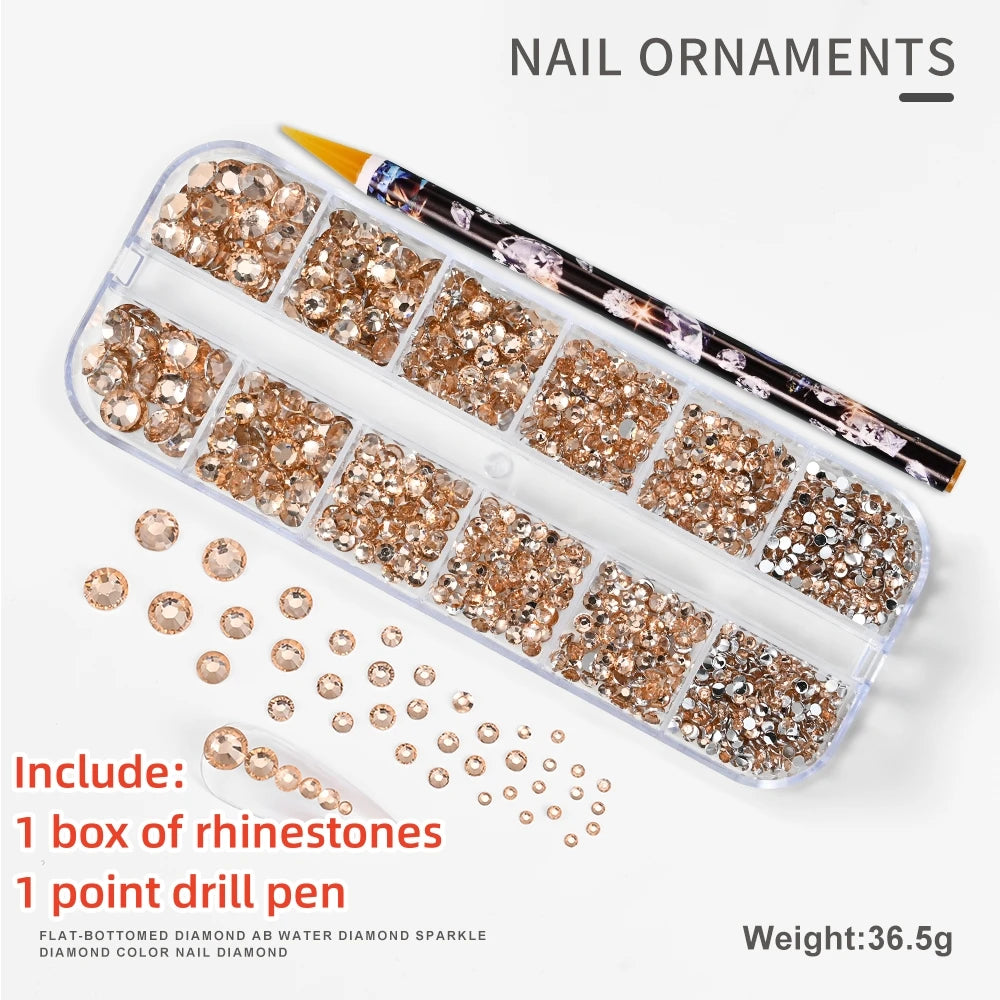 12Gird 3D Glass AB Crystal Nail Art Rhinestones Kit