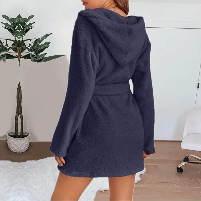 Bath Fluffy Plush Sexy Hooded Bathrobe