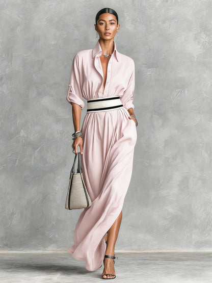 Shirt Maxi with Wide Striped Belt  Roll-Up Sleeve High Slit Elegant Casual Dress