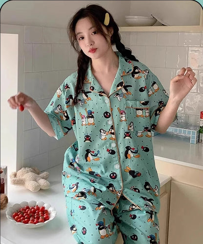 Kawaii Cute Cartoon Little Penguin Print Milk Silk Homewear Sleepwear Pajamas
