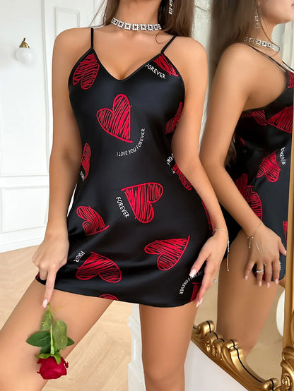 Red Lip Print Satin Slip Mini Sleep Dress Lingerie