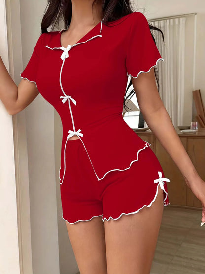 Bow Short Sleeve Top And Shorts Sleepwear Set