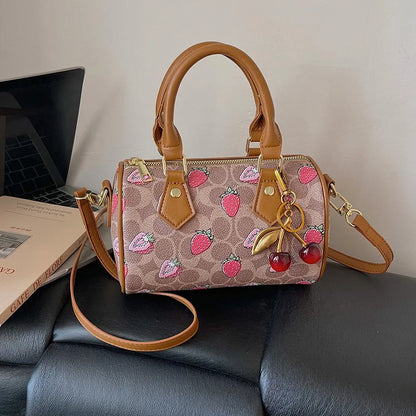 Crossbody Cherry Pattern PU Leather Boston Handbag Shoulder Bags