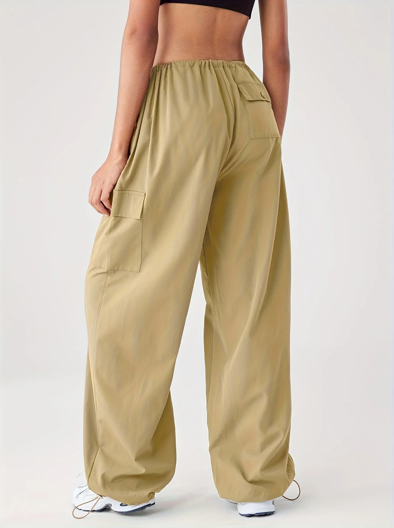 Cargo Wide Leg Elastic Drawstring Waist Pocketed Loose Fit Pants