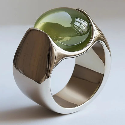 Inlaid Green Stone Aesthetic Silver Color Geometry Ring