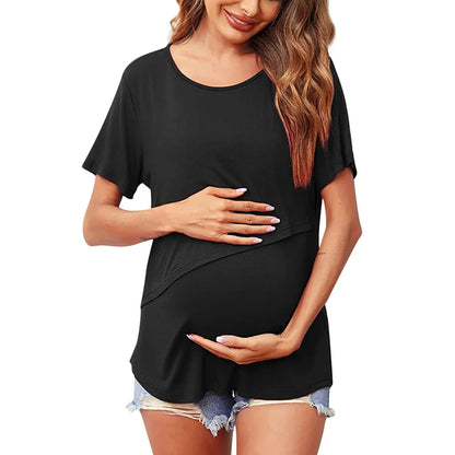 Maternity Short Sleeve Crew Neck Solid Color T Shirt For Breastfeeding