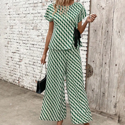 Geometric Wave Print Short Sleeve Tie Slit Wide Leg Pants Set