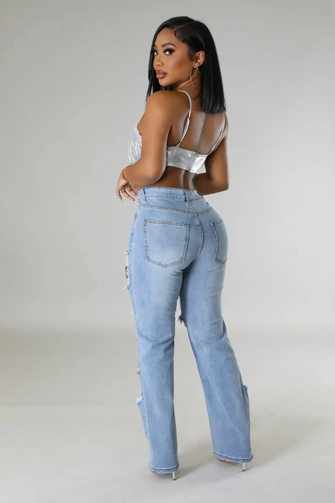 Ripped Straight Diamonds Chain Stretch High Waist Jeans Pants