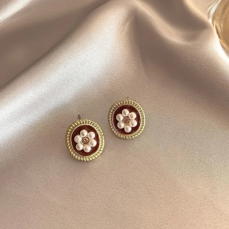 Korean Pearl Flower Heart Shape Geometric Earring