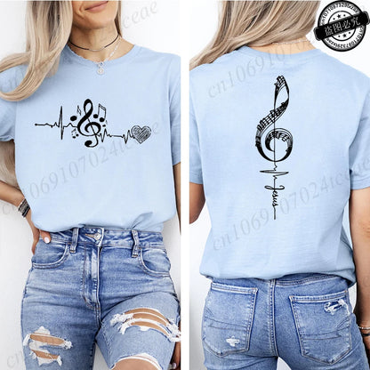 Musical Notes Printed Heartbeat Music Graphic Tee Shirts