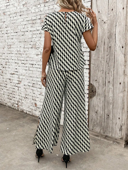 Geometric Wave Print Short Sleeve Tie Slit Wide Leg Pants Set