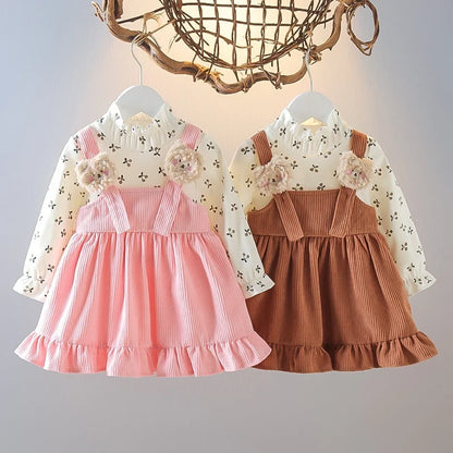 Kid Girl Long Sleeve Floral Lovely Bear Corduroy Strap Style Dress