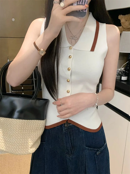 Polo Collar Knit Vest with Gold Button Sleeveless Cardigan Vest