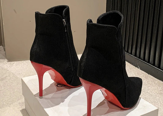 Red Heels Zip Warm Black Ankle Boots