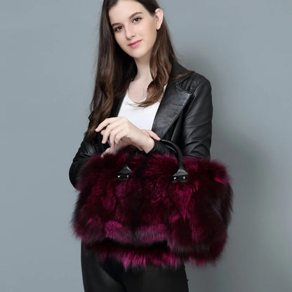Real Fox Fur Large Size Plush Crossbody Luxury Handbags Fluffy Tote Bag