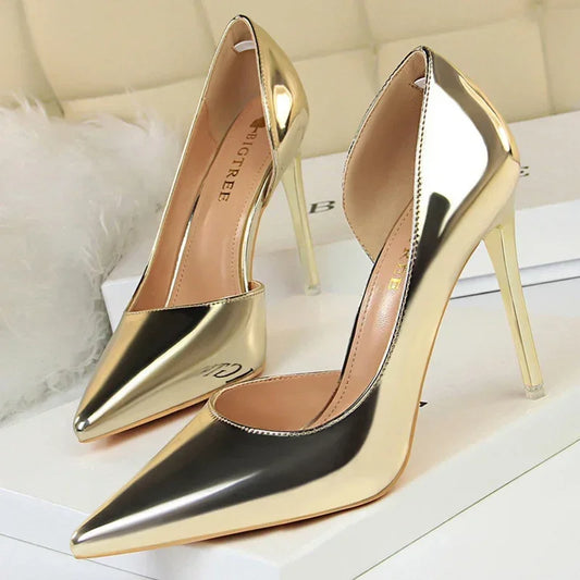 High Heels Pumps Metallic Leather Shoes