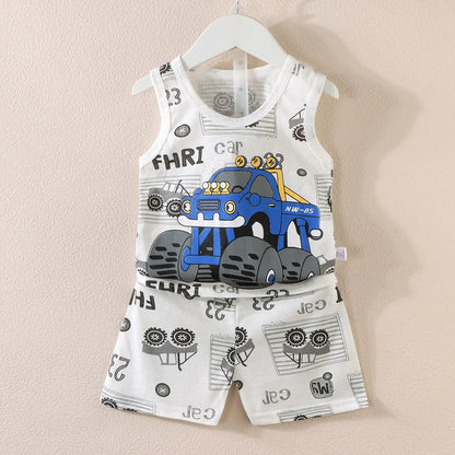 Cartoon Thin Style Sleeveless Baby Pajamas Set
