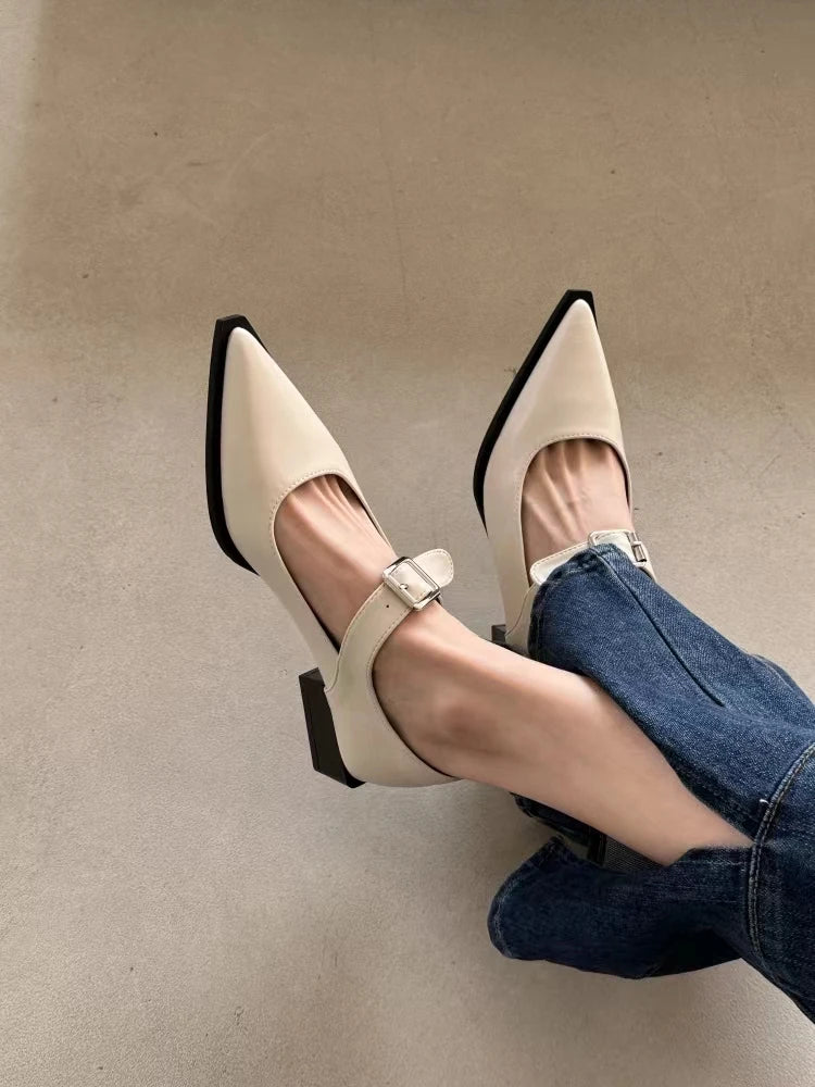 Mary Jane Belt Buckle Medium Heel Small Leather Shoes