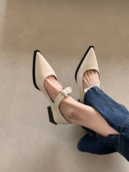 Mary Jane Belt Buckle Medium Heel Small Leather Shoes