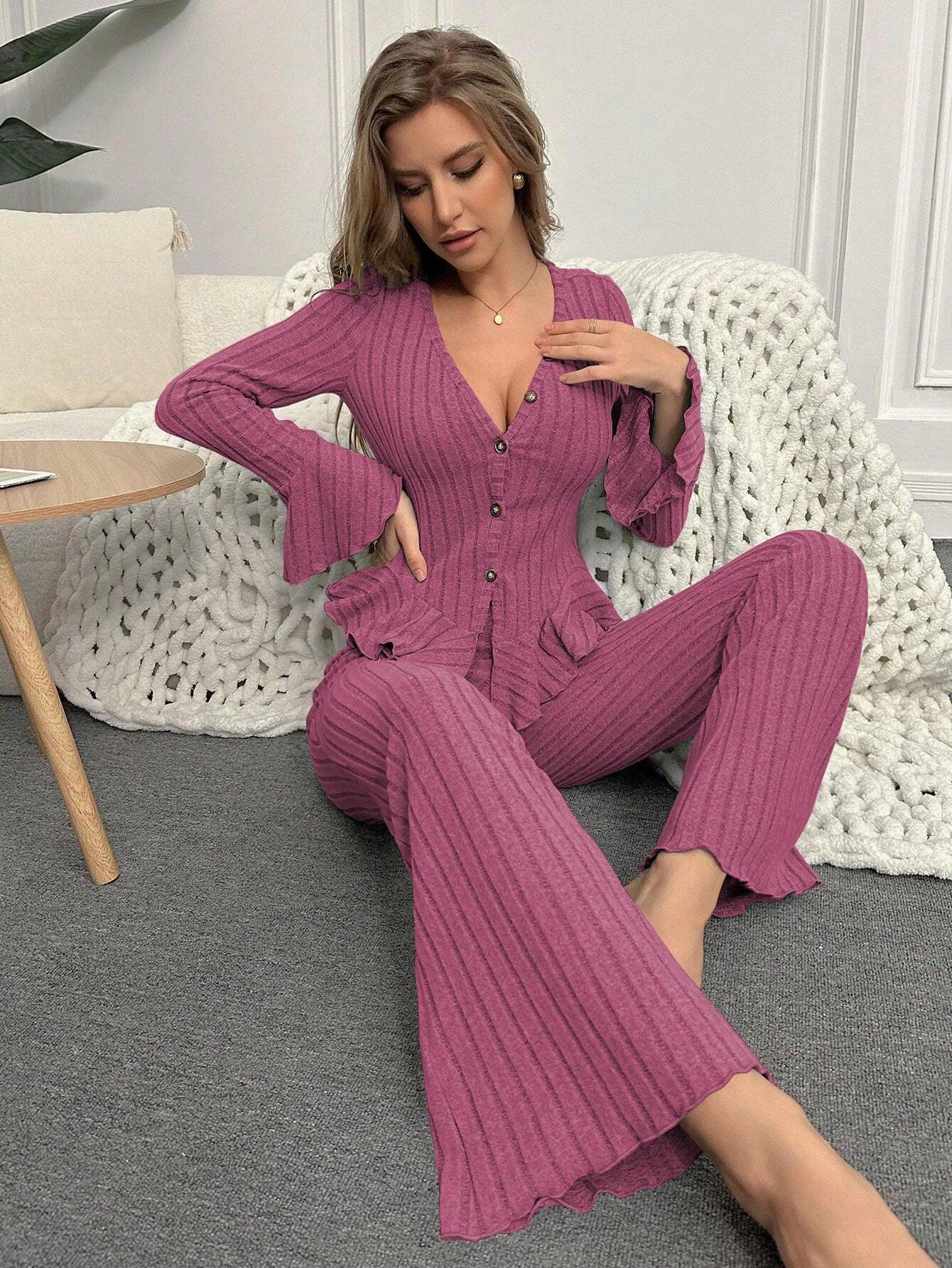 Sexy V Neck Long Sleeve Pyjamas Set