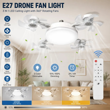 Drone Design Silent Ceiling Fan Light E27 Base Remote Controlled