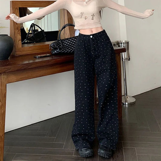 Wave Point Straight Leg Denim High Waist Trousers Jeans