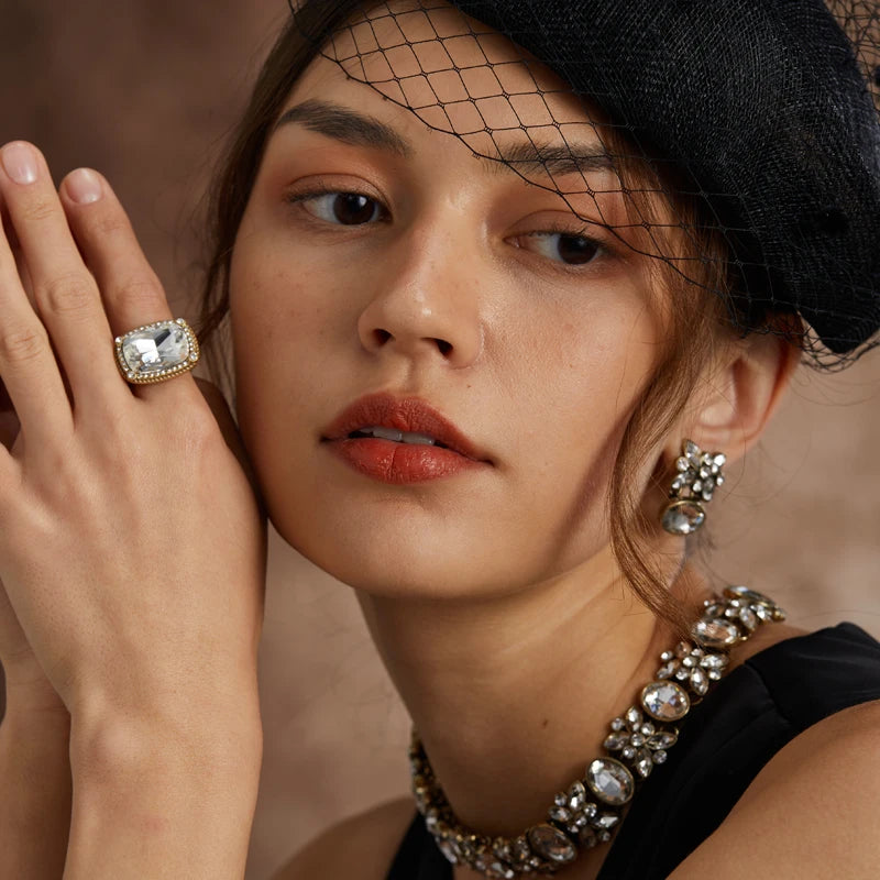 Vintage White Zircon Square Crystal Rings