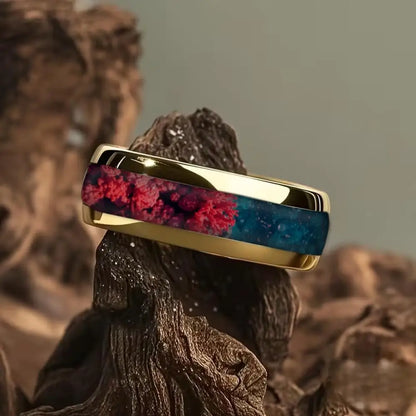 8MM Gold Stainless Steel Domed Red and Blue Stone Inlay Rings
