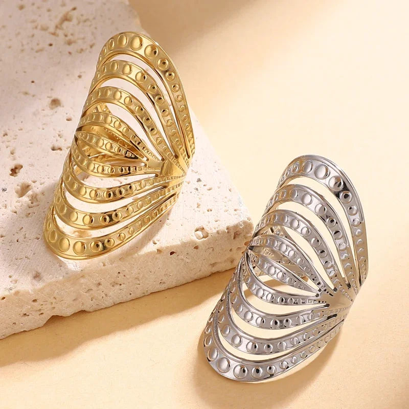 Geometric Curved Hollow Multi Layer Wide Stainless Steel Gold Rings