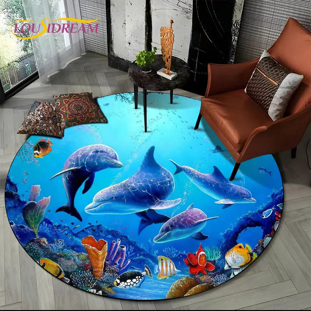 3D Seabed Illusion Underwater World Dolphin Round Area Rug
