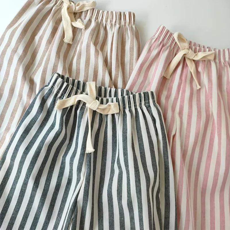 Retro Hemp Cotton Striped Casual Elastic Waist Pants