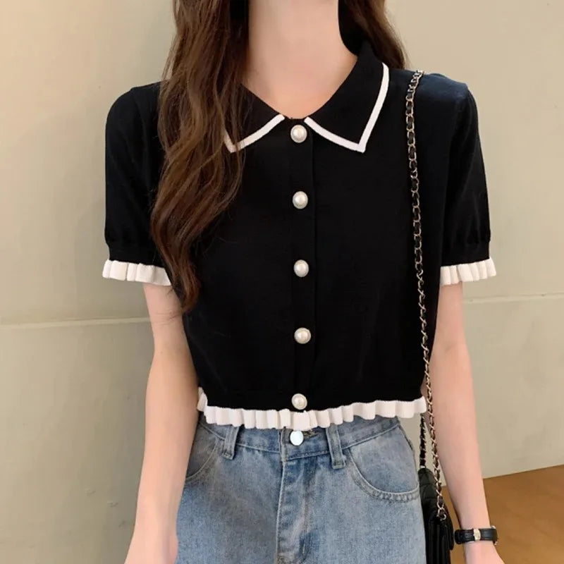 Korean Knitted Turn Down Collar Blouse