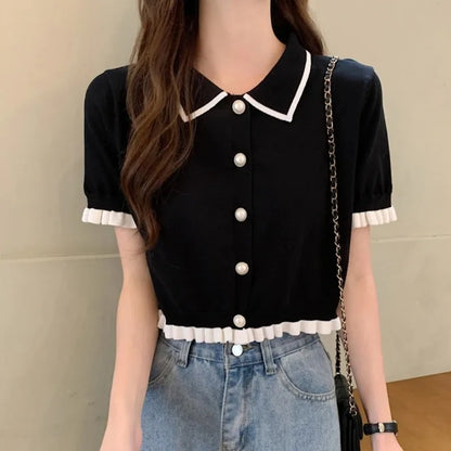 Korean Knitted Turn Down Collar Blouse