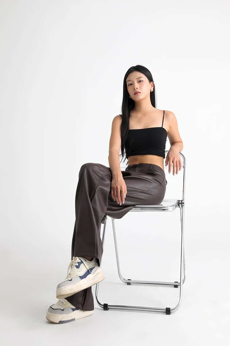 Fall Winter Fleece Loose Wide Leg Leather Pants