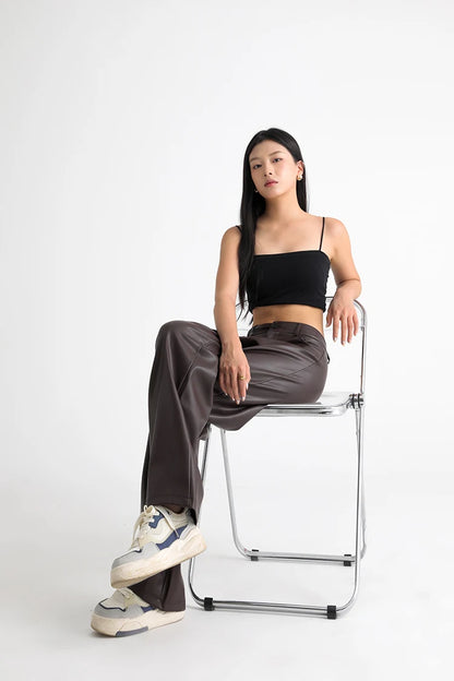 Fall Winter Fleece Loose Wide Leg Leather Pants