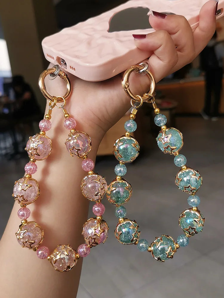 Short Phone Lanyard Wrist Dreamy Starry Sky Crystal Bead
