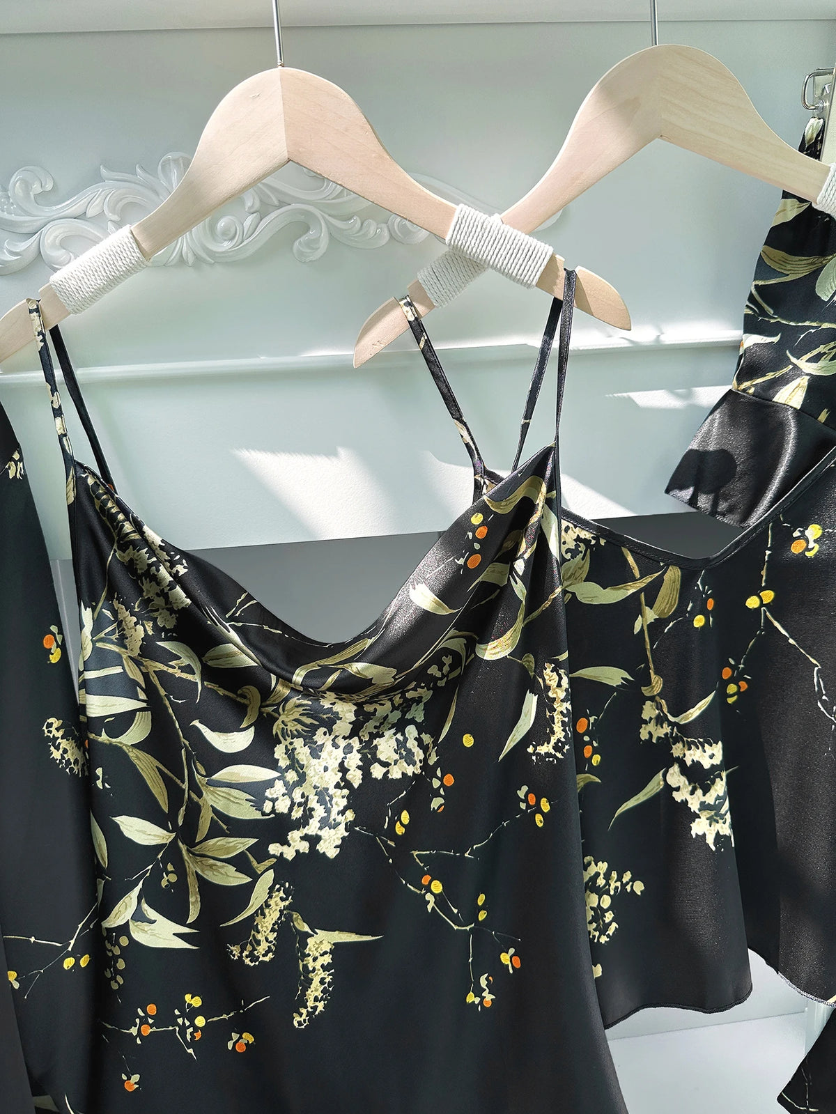 5pcs Floral Print Long Sleeve Robe Cami Dress Pajamas Sets