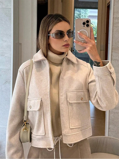 Zipper Winter Long Sleeve Pocket Outerwear Elegant Jacket Coat