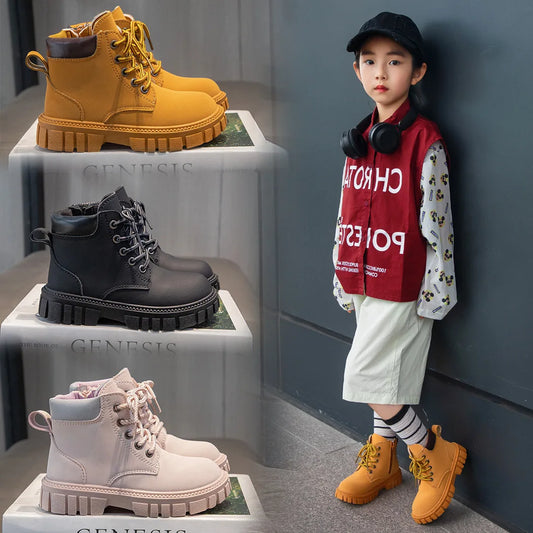 Boy Girl Short Non-Slip British Leather Boots