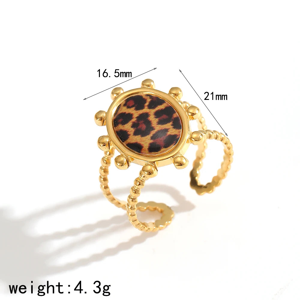 Stainless Steel Retro Geometric Leopard Pattern Adjustable 18K Gold Rings
