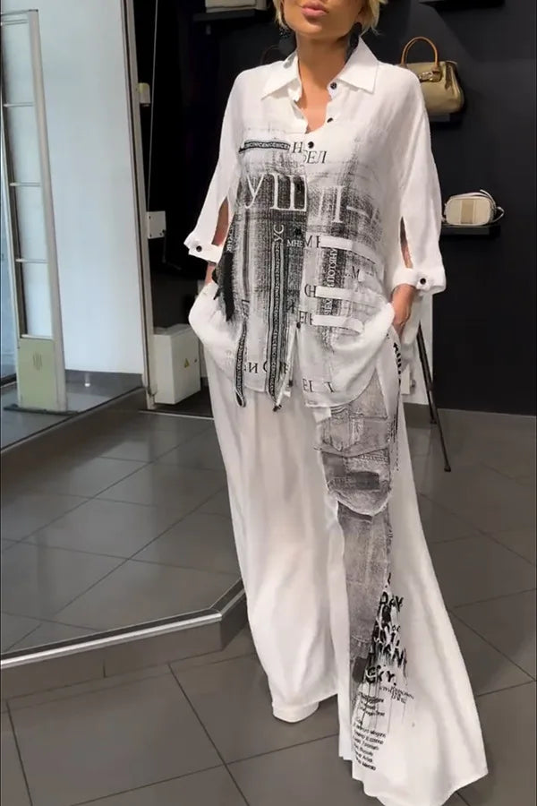 Long Sleeve Button Shirt & Wide Leg Pants Set