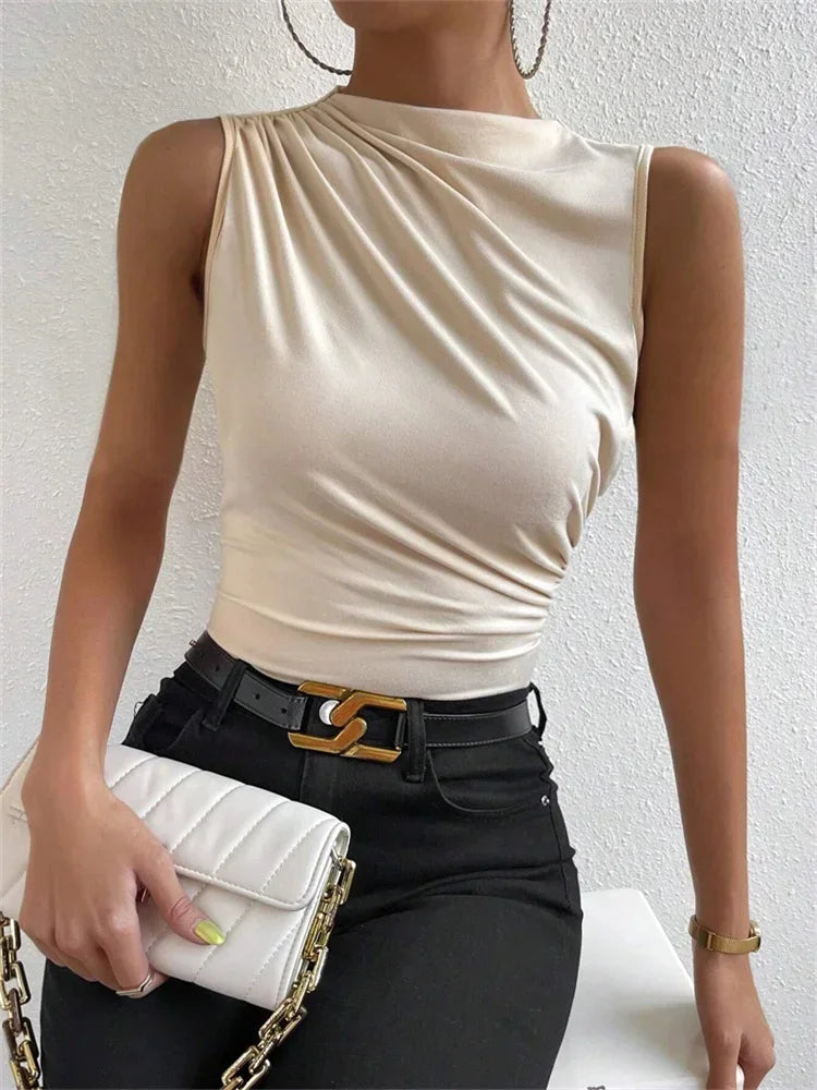 Casual Mock Neck Ruched Tank Top Sleeveless  Shirt