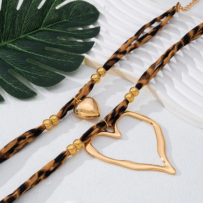 Layered Leopard Print Heart Choker Necklace Set