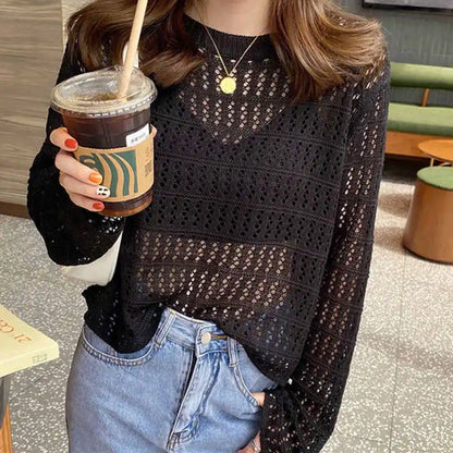Knitted Long Sleeve Sweaters O-Neck Hollow Out Knit Sweater Pullover